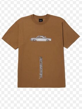 HUF Men's Brown Graphic Tee with Classic Car Print